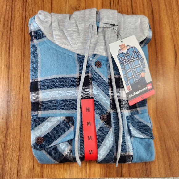 Quiksilver Men's Hooded Flannel, Hood With Drawstring, Midweight, Blue Medium - Picture 4 of 4